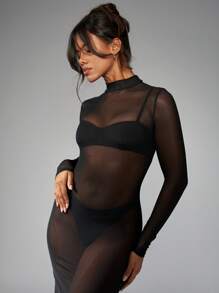 MISSGUIDED Long Sleeve Sheer Mesh High Neck Midaxi Bodycon Dress Club Party Evening Elegant Split Back Overlay Special Occasion Night Out - Black - View 4