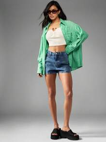 MISSGUIDED Chemise boutonnée rayée oversize, manches longues, Top décontracté, couvre-tout de plage pour le printemps et l'été, vacances, coupe ample, col chemisier, Noël - Vert - Voir 6