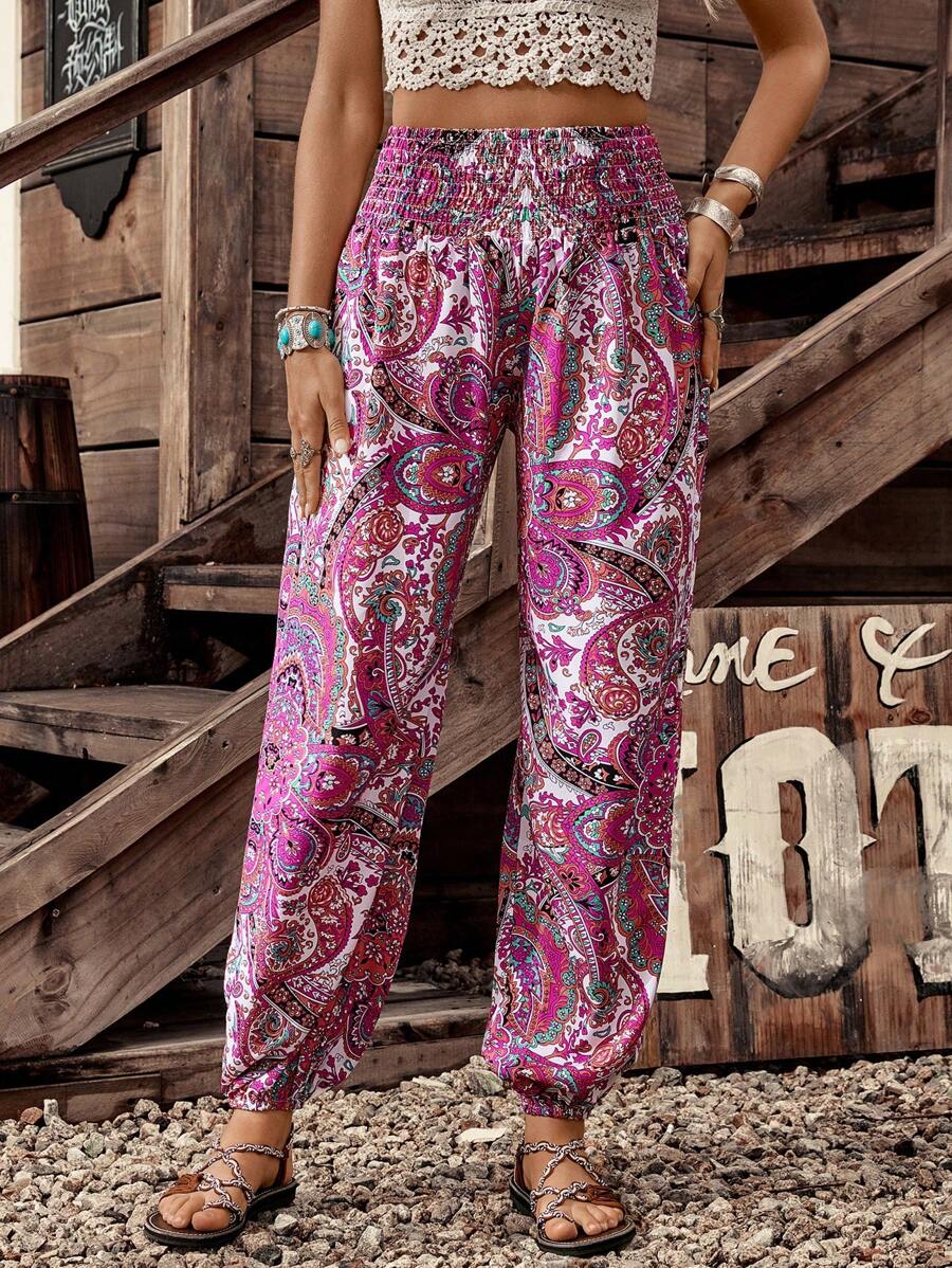 LanaWest 女式休闲腰部收口袋印花长裤,带系带细节 - 彩色 - 查看 1