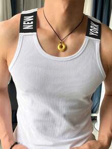 Manfinity Dauomo Men's Letter Webbing Casual Crew Neck Ribbed Tank Top - Black and White - View 1