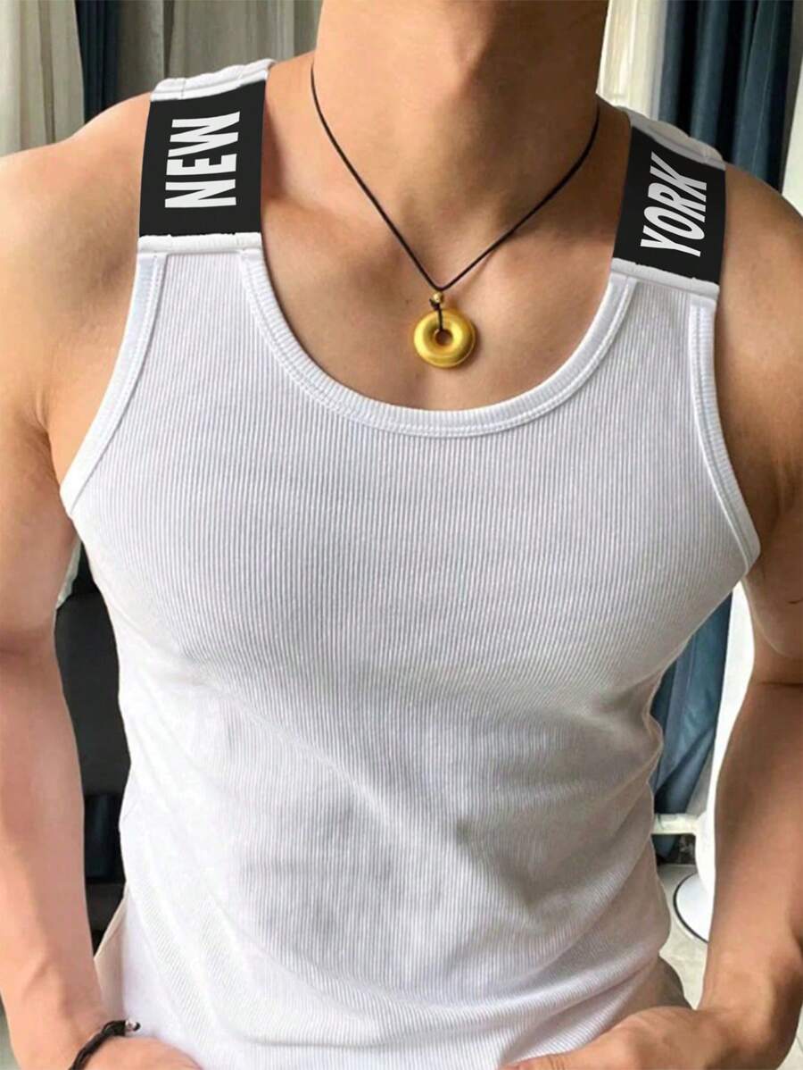 Manfinity Dauomo Men's Letter Webbing Casual Crew Neck Ribbed Tank Top - Black and White - View 1