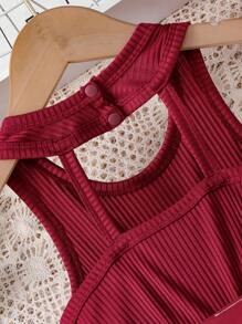 年轻女孩罗纹印花贴片连体裤，带吊带领，无袖露背设计，自系腰带，夏季 - 酒紅色 - 查看 6