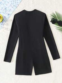 SHEIN Leap Crew Teen Girls Summer Long Sleeve Vacation & Surfing, Black White Patchwork One-Piece Swimsuit