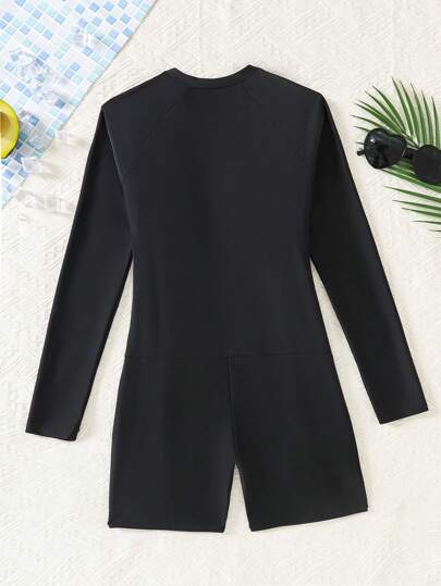 SHEIN Leap Crew Đồ bơi một mảnh chắp vá màu đen trắng cho bé gái tuổi teen đi nghỉ mát và lướt sóng tay dài mùa hè