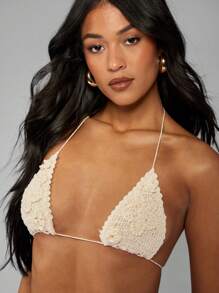 MISSGUIDED Crochet Knit Bikini Set Summer Beach Swimwear Triangle Top High Cut Bottom Handmade Two Piece Swimsuit Resort Vacation Beachwear Festival Pool Wear Boho Style - Beige - View 3