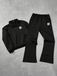 Claim Dot 男士字母印花拉链半襟连帽衫和运动裤套装，秋季服装