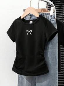 Girls Casual Cute Bow Printed Short Sleeve Round Neck Fitted Ruched T-Shirt - Black - View 1