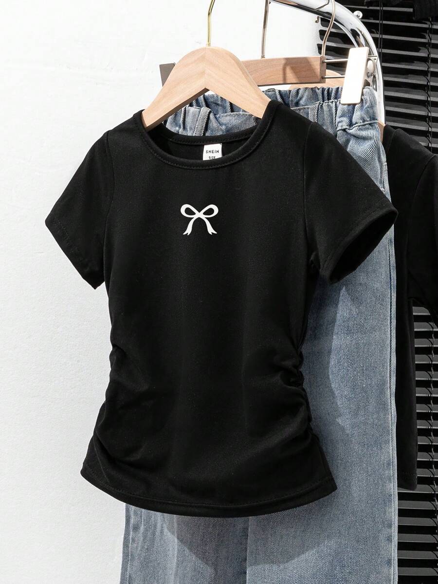 Girls Casual Cute Bow Printed Short Sleeve Round Neck Fitted Ruched T-Shirt - Black - View 1