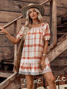 LanaWest Plaid Lace Trim Puff Sleeve Vacation Casual Dress - Khaki - View 5