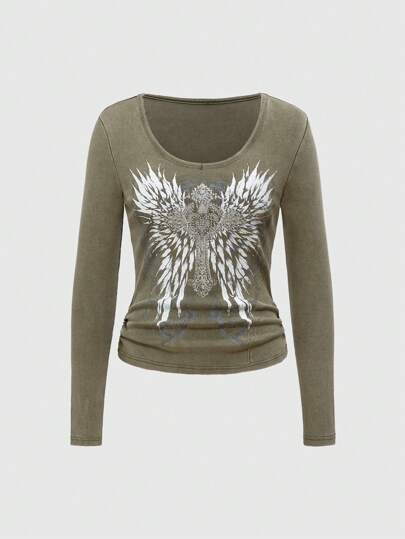 Grunge Punk Camiseta ajustada para mujer con estampado de alas y cruz de cristales y nieve