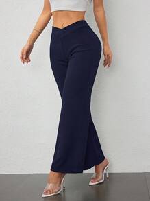 SHEIN PETITE 女士休闲优雅腰部交叉剪裁直筒裤 - 藏蓝色 - 查看 3