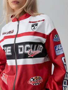 SHEIN Unity Letter Pattern Colorblock Drop Shoulder Bomber Jacket - Red - View 3