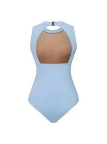 Dansine 女式无袖修身紧身连体衣、芭蕾舞连体衣、成人体操舞蹈服、纯色、高领网眼拼接春夏舞蹈服装连体衣 - 藍色 - 查看 2