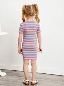 Young Girl Fitted Knit Striped Round Neck Casual Dress - Multicolor - View 6
