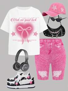 SHEIN Leap Crew 2pcs/Set Tween Girls Casual Ombre Bow&Heart Graphic Loose Fit Short Sleeve T-Shirt And Skinny Shorts, Suitable For Summer