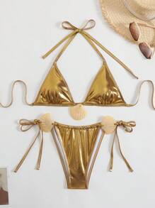 Swim Vcay Women's New Summer Beach Metal Effect Fabric Large Shell Decor Sexy Triangle Bikini Set - Gold - View 1