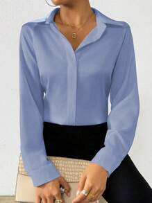 Chiquease Camisa casual/de oficina para mujer de un solo botonadura de manga larga y unicolor