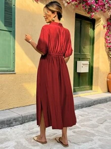 Flirla Plus Size Women's French Style Commuting Elegant Casual Single Bamboo Knot Linen V-Neck Button Shoulder Ruched Waist Drawstring Short Sleeve Ruffle Hem Long Dress, Spring/Summer - Burgundy - View 2