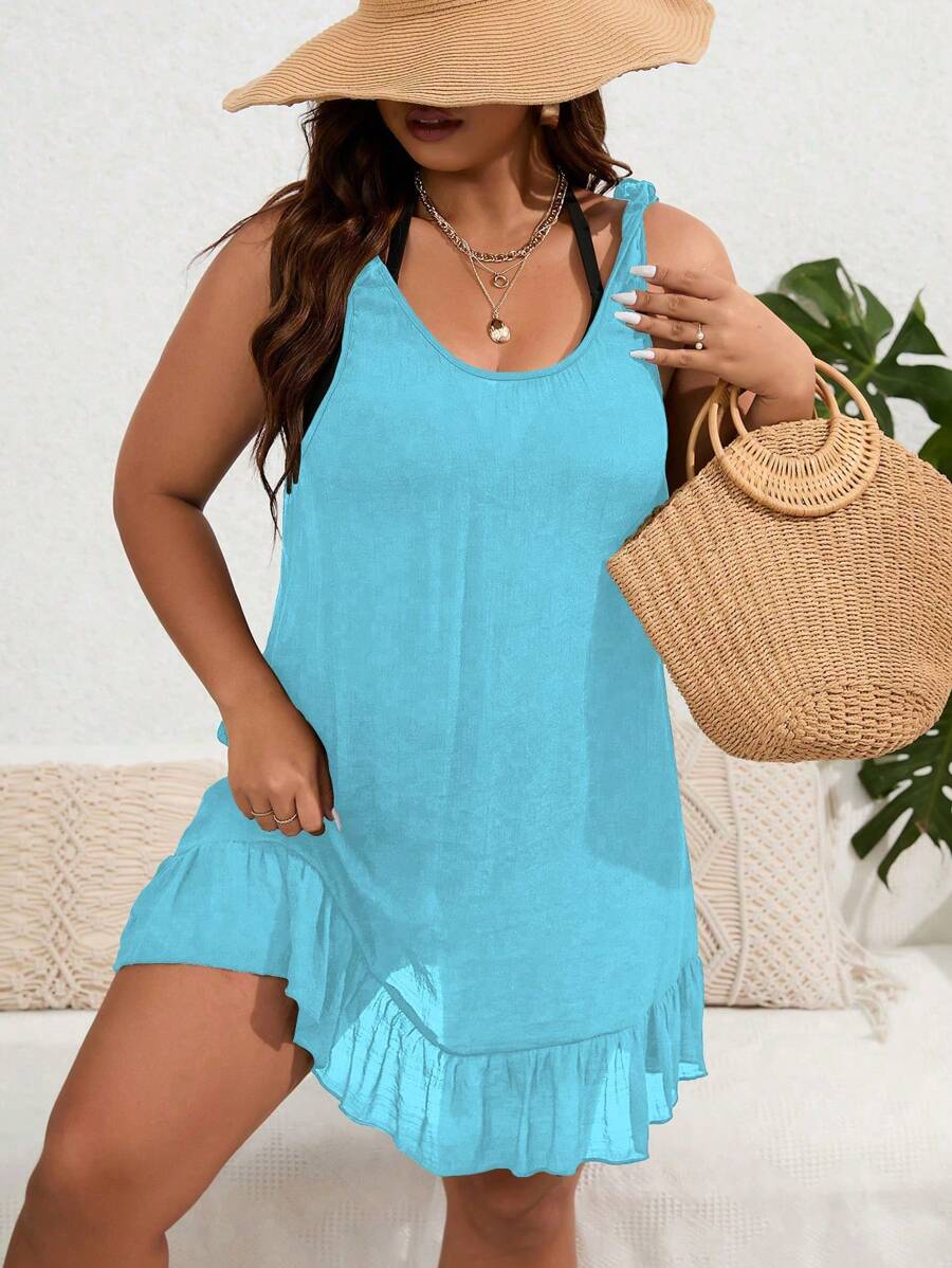Swim Vcay 1pc Plus Size Women Solid Color Sleeveless Loose A-Line Beach Cover Up For Summer Beach Vacation