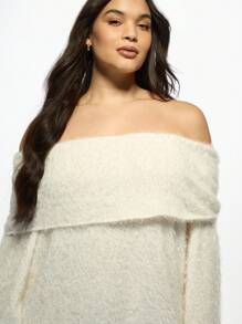 MISSGUIDED PLUS 露肩毛绒针织毛衣裙加大码冬季派对节日舒适超大长袖迷你连衣裙秋季时尚保暖优雅 - 白色 - 查看 5