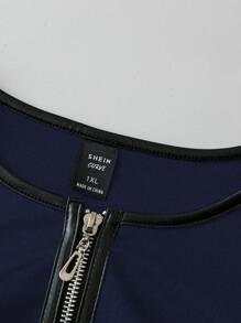 SHEIN Clasi Women Round Neck Ruffled Hem Zip-Up Jacket, Long Sleeve - Navy Blue - View 3