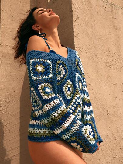 Anewsta Top corto hecho a mano, casual y holgado, de punto calado, para verano y vacaciones