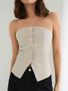Maija Women's Apricot Summer Top, Solid Color Front Single-Row Metal Button With Pockets, Back Elastic Waist, Sleeveless Fitted Crop Top, Fashionable Simple Sexy For Holidays, Office, Casual, Business, Commuting, Airport