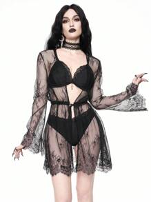 ROMWE Goth 女士蕾丝长袖和服罩衫，简约时尚，适合夏季、万圣节