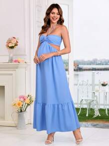SHEIN Váy xòe hở lưng không tay buộc cổ cho phụ nữ mang thai - Màu xanh lam - Xem 4