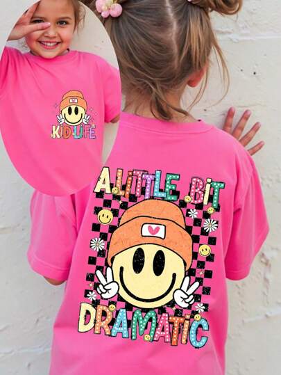 Baby Girls Casual Comfortable Fashion Colorful Letter Checkerboard And Smiling Face Print Short Sleeve T-Shirt, Spring/Summer