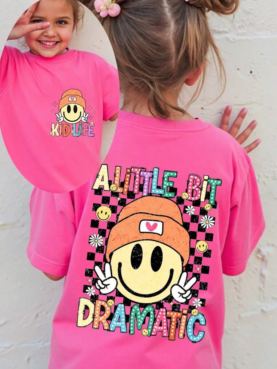 Baby Girls Casual Comfortable Fashion Colorful Letter Checkerboard And Smiling Face Print Short Sleeve T-Shirt, Spring/Summer - Hot Pink - View 1