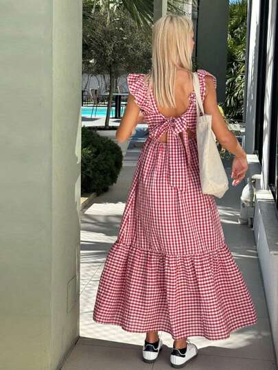 SHEIN EZwear Vacation Outfits Women Summer Dress Square-Neck Plaid Dress With Bow, Sweet Midi Dress, Summer New Arrival,Bohemia