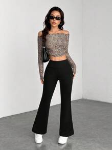 SHEIN PETITE 女式不对称罗纹纯色长裤 - 黑色 - 查看 5