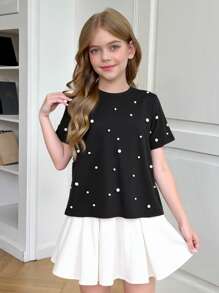 SHEIN Meisjes Casual Minimalist Comfortabel Computer Geborduurd Ronde Hals Losse Korte Mouw T-shirt