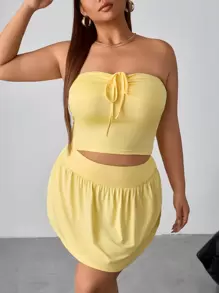 SHEIN Clasi 2 piezas Conjunto casual de top corto con cordón y mini falda liso talla grande para mujer en verano - Amarillo - Ver 1