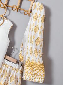 3 件套年轻女孩优雅缎面无袖上衣、几何印花金属裙和披肩夏季派对/婚礼/度假装 - 白色 - 查看 7