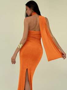 Aloruh Elegant One Shoulder Ruffle Design Slimming Pleated Sparkly Long Straight Evening Dress,Summer Dresses For Women - Orange - View 2