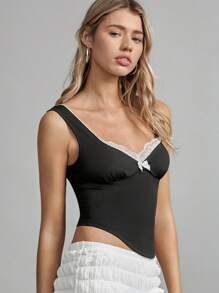 SHEIN EZwear 女士夏季扇形领撞色蕾丝弧形下摆修身黑色吊带背心 - 黑色 - 查看 3