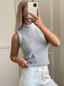DAZY Top de punto de ajuste ceñido sin mangas de cuello alto de unicolor casual, verano