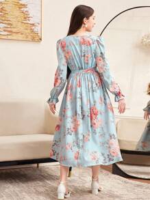 SHEIN Vestido com Decote em V, Manga Babado e Estampa Floral Miúda para Adolescentes