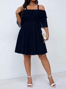 SHEIN LUNE Plus Size Summer Casual Solid Color Open Shoulder Strap Dress - Royal Blue - View 5