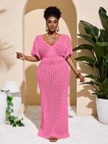 Slaydiva 2025 New Fashion Crochet Ruffle Hem Collared Casual Beach Solid Dress, Versatile Daily Wear For Spring/Summer - Hot Pink - View 5
