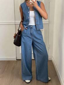 DAZY Women Denim Vest And Pants 2 Pieces Set, Minimalist Fashion Suitable For Summer