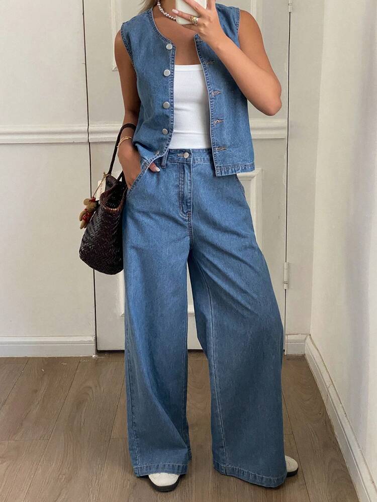 Women Denim Vest And Pants 2 Pieces Set, Minimalist Fashion Suitable For Summer