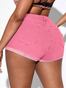Slaydiva Plus Size Summer Casual Distressed Denim Shorts - Pink - View 2