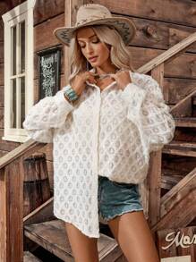 LanaWest Women's Light Apricot Furry Textured Heart Hollow Casual Vacation Vibe Long Sleeve Shirt