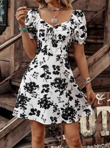 LanaWest Vestido mini de manga abullonada con estampado floral y nudo delantero, estilo vacacional para mujer - Blanco y Negro - Ver 4