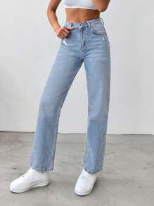 EURMUSE Women Casual Washed Ripped Straight Leg Jeans - Blue - View 5