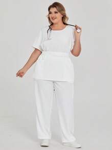 TaskEZ Conjunto de pijama de talla grande - Top de manga corta y cuello redondo de unicolor y pantalón largo