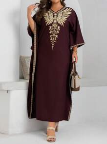 Al Najma Plus Size Women Plant Print V-Neck Batwing Sleeve Arabic Style Dress, Modest Abaya - Rust Brown - View 4